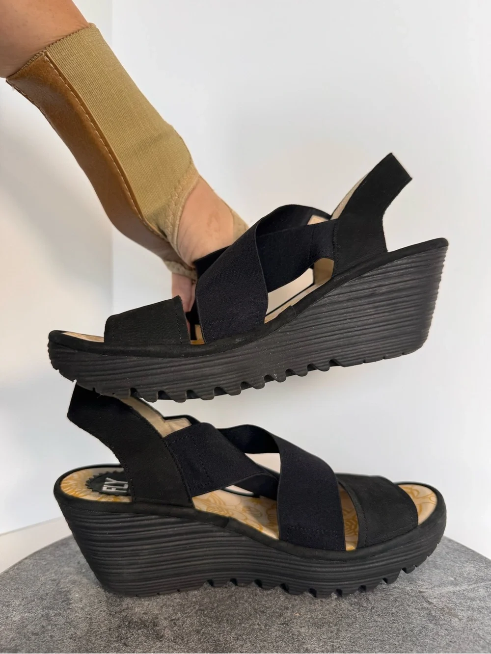 Fly London Yaji Black Leather Wedge Heels Sandals 39